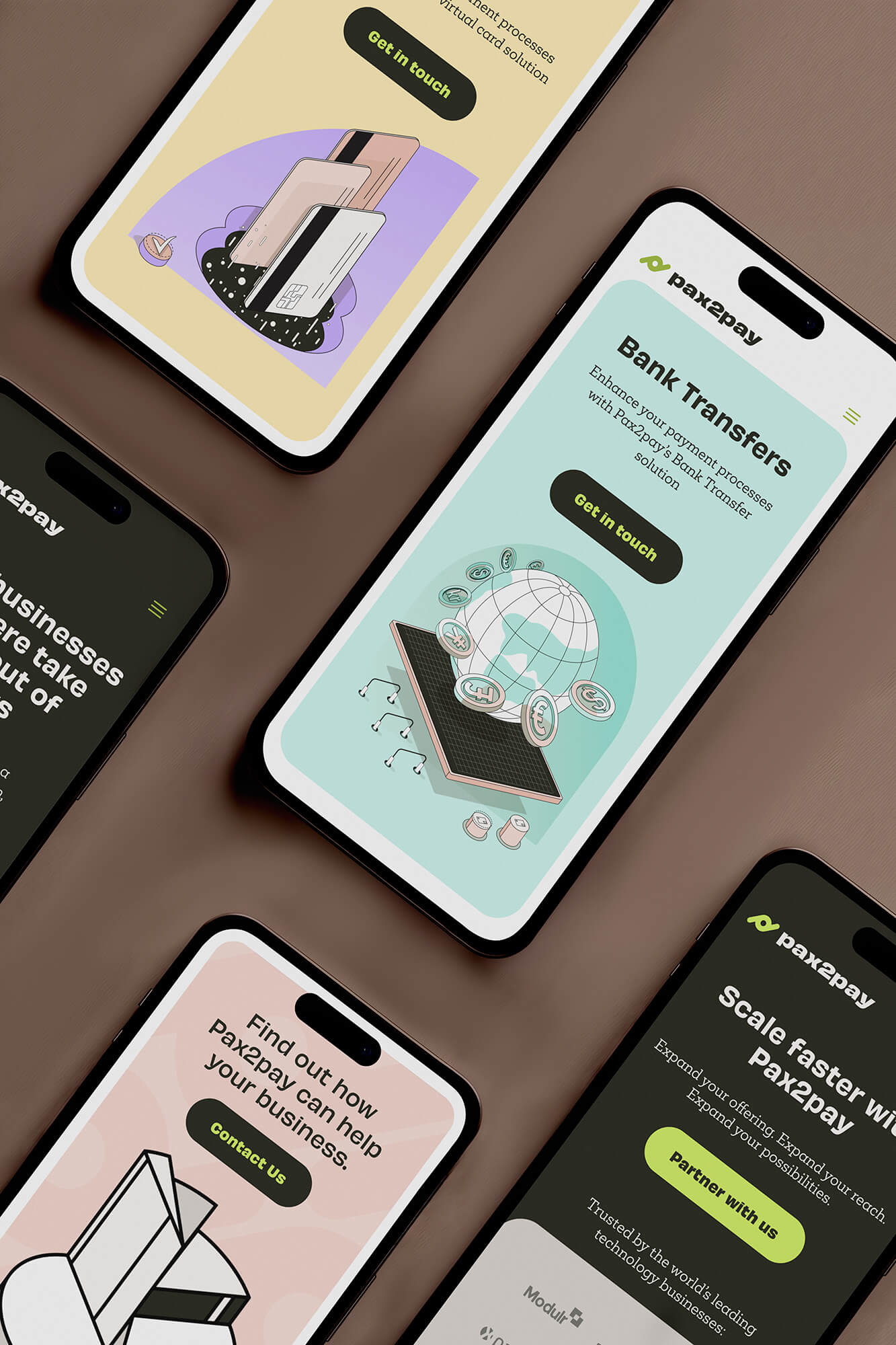 Pax2Pay fintech website homepage on mobile, showing payment platform branding